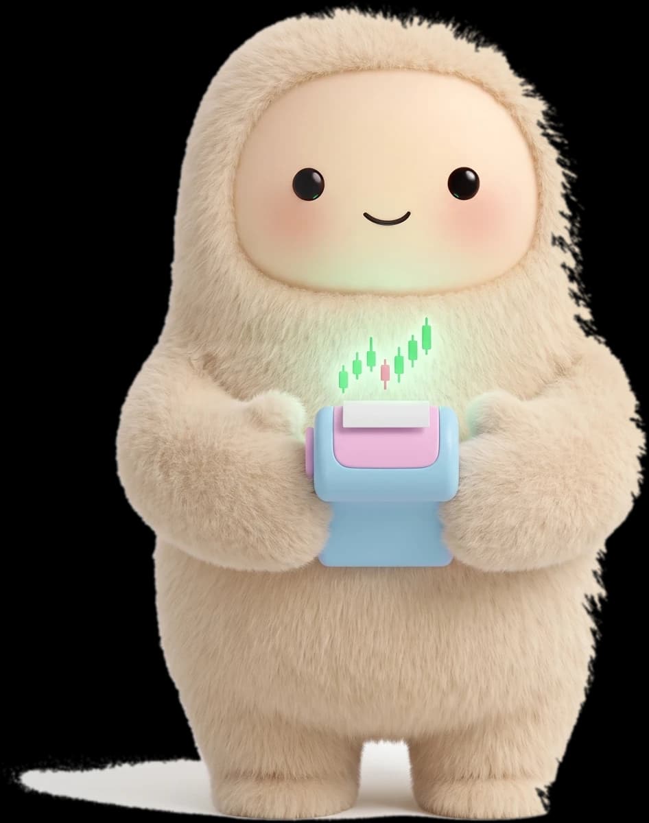 the Musetrade muse: a cream plush hugging a small pastel terminal with a green candlestick chart on its screen